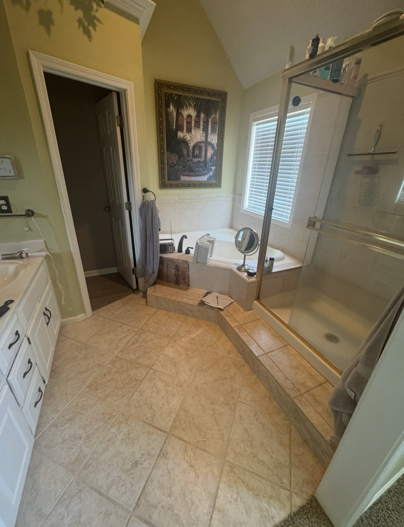 Primary bathroom before the remodel, with the original jetted tub, enclosed shower and existing vanity
