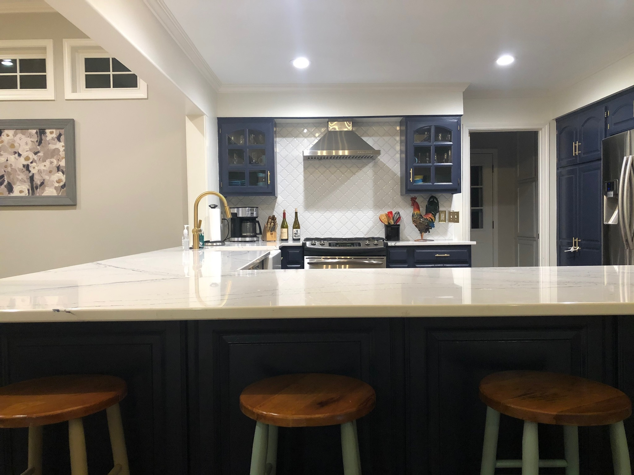 Completed kitchen showing the range and island