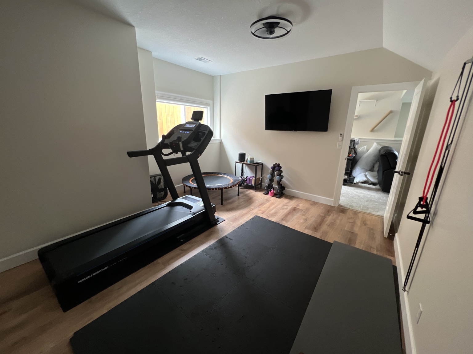 Completed lower-level room in use as a home gym, with warm greige walls, wood-look flooring, white trim, wall-mounted television and a doorway through to the adjoining room