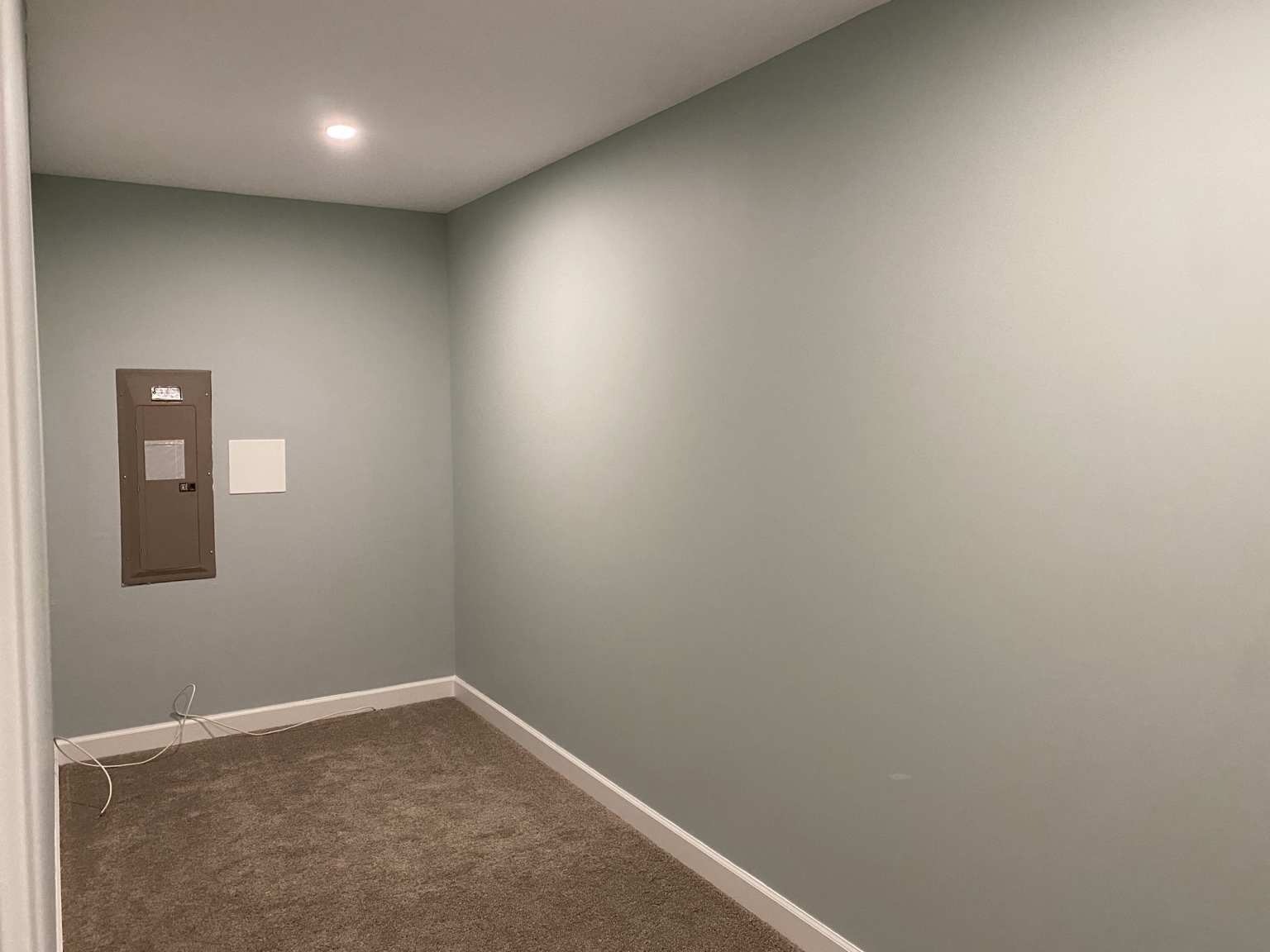 The new walk-in closet built into the garage area, finished with painted walls, white baseboards, carpet and a recessed ceiling light